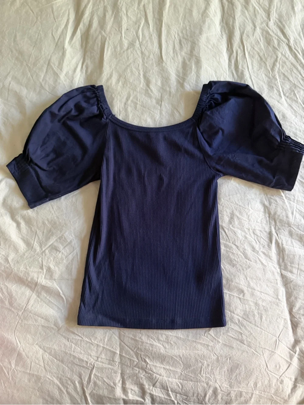 J. Crew Navy Ribbed Puff-Sleeve Square Neck Top